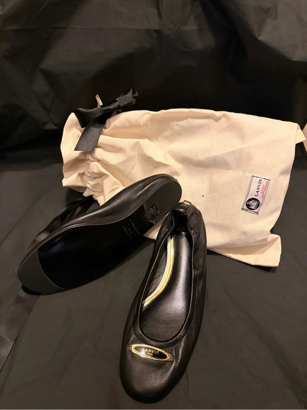 Lanvin Black Leather Ballet Flats with Gold Plaque